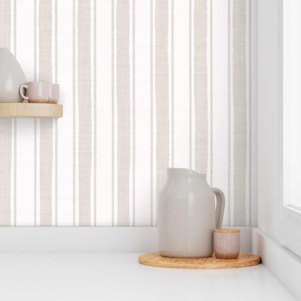 Oat Beige Ticking Stripe Wallpaper for Modern Interiors
