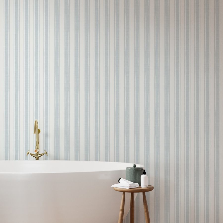 Blue-Gray Ticking Stripe Wallpaper – Textured Linen look