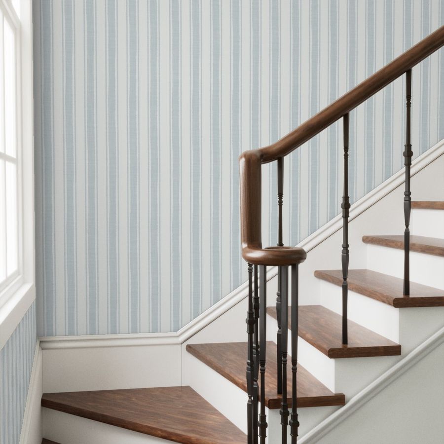 Blue-Gray Ticking Stripe Wallpaper – Textured Linen look