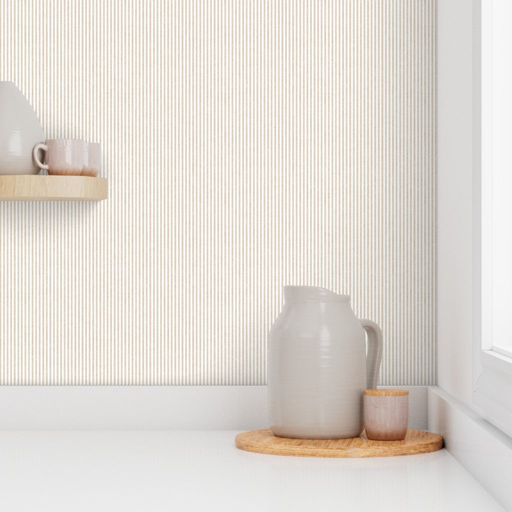 Oat Beige Narrow Stripe Wallpaper with Watercolour Texture
