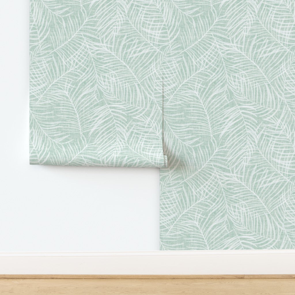 Mint Green Palm Leaf Wallpaper - Modern Coastal Style