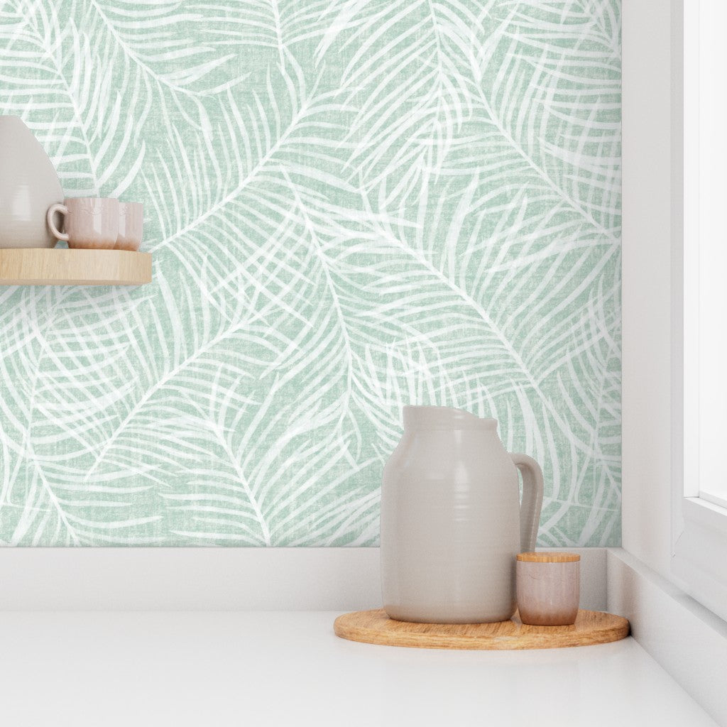 Mint Green Palm Leaf Wallpaper - Modern Coastal Style