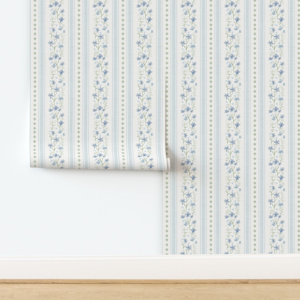 Blue-Gray & Sage Floral Stripe Wallpaper - English Cottage Style