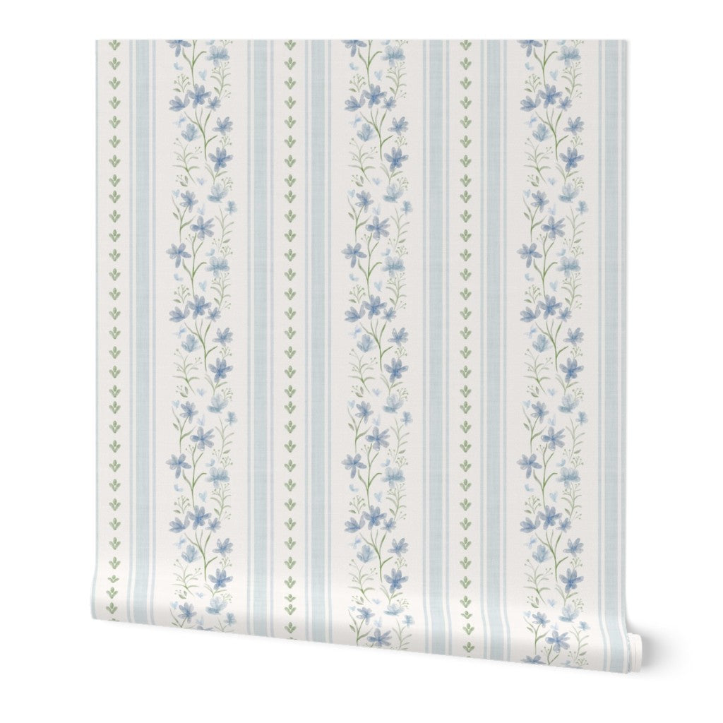 Blue-Gray & Sage Floral Stripe Wallpaper - English Cottage Style