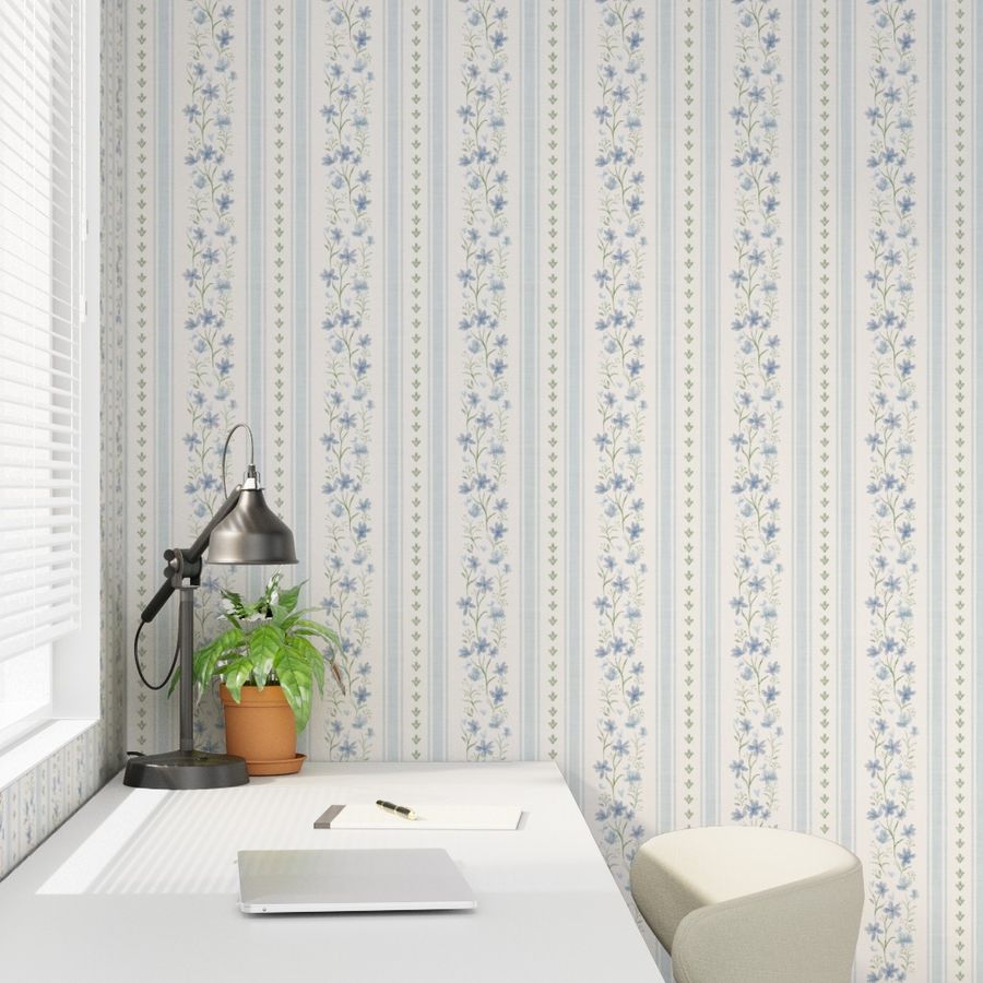 Blue-Gray & Sage Floral Stripe Wallpaper - English Cottage Style