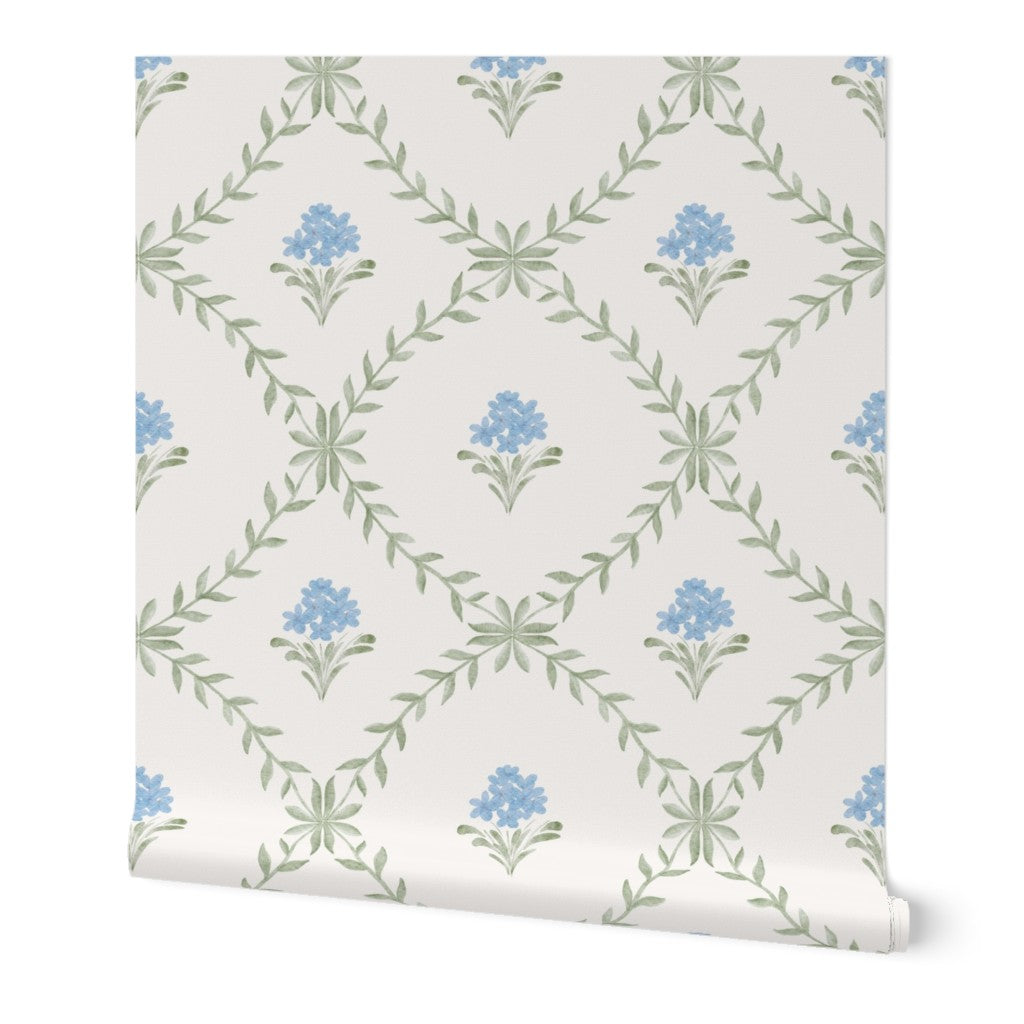 Botanical Trellis Wallpaper in Blue, Sage & Cream | Hand-Painted Floral