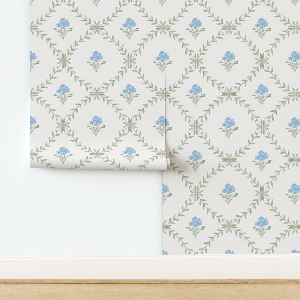 Botanical Trellis Wallpaper in Blue, Sage & Cream | Hand-Painted Floral