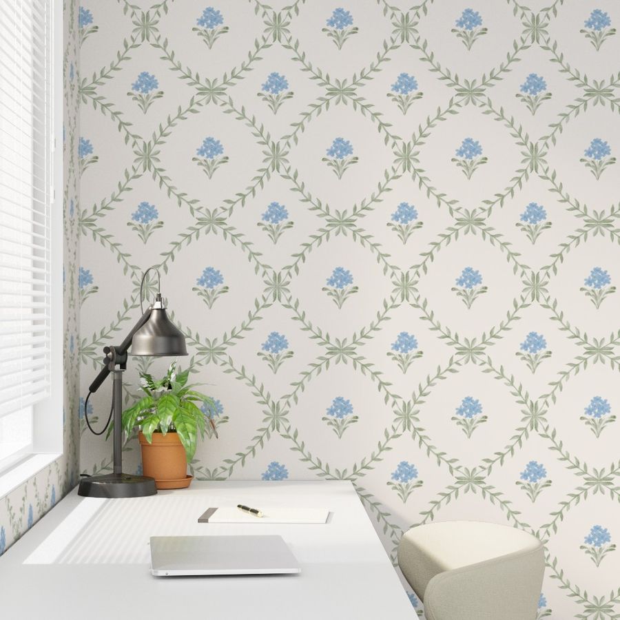 Botanical Trellis Wallpaper in Blue, Sage & Cream | Hand-Painted Floral