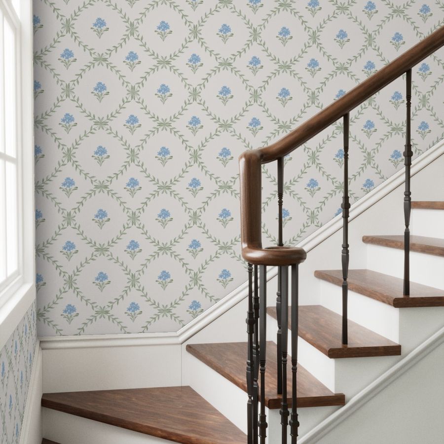 Botanical Trellis Wallpaper in Blue, Sage & Cream | Hand-Painted Floral