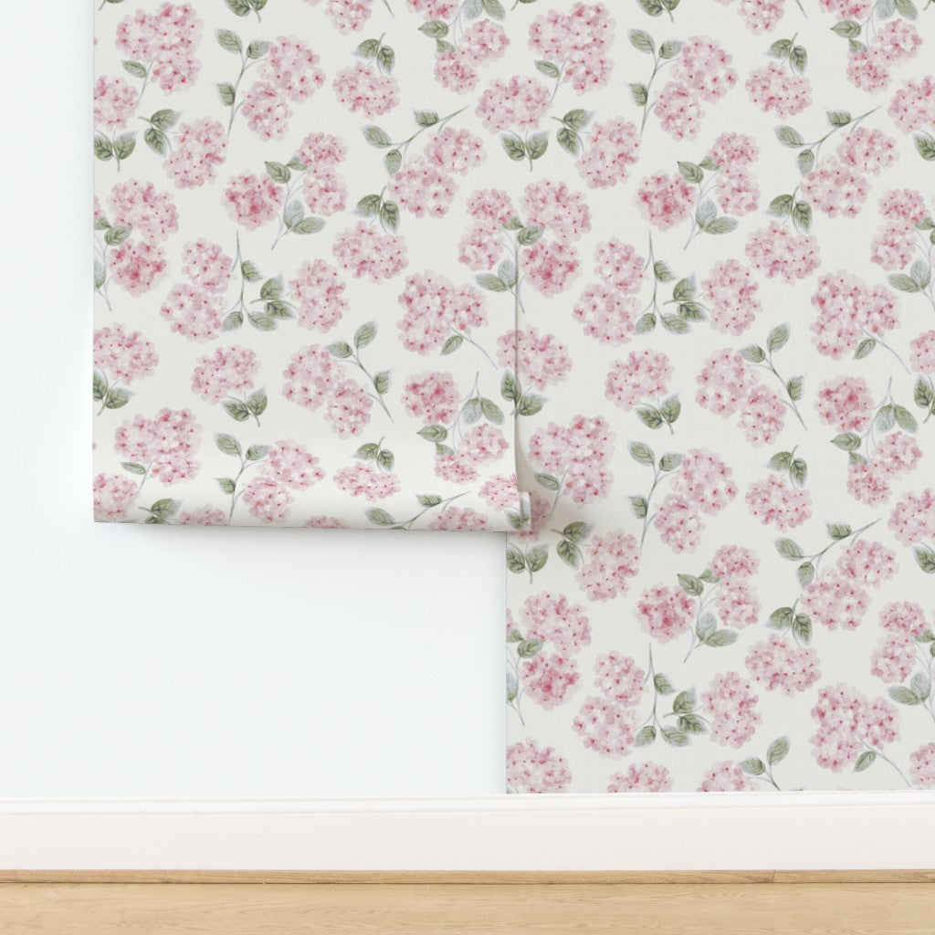 Blush Pink & Sage Watercolor Hydrangeas Wallpaper - English Cottage Style