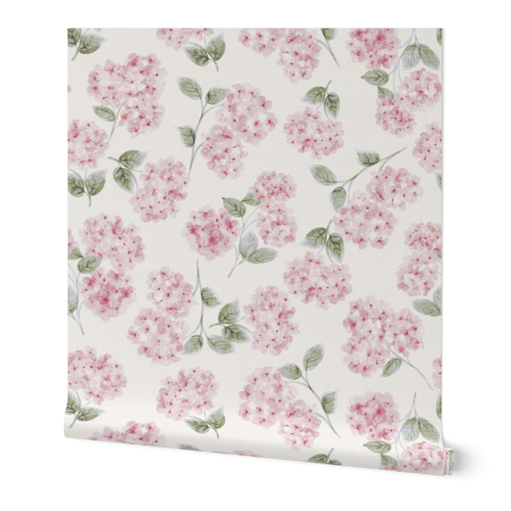 Blush Pink & Sage Watercolor Hydrangeas Wallpaper - English Cottage Style