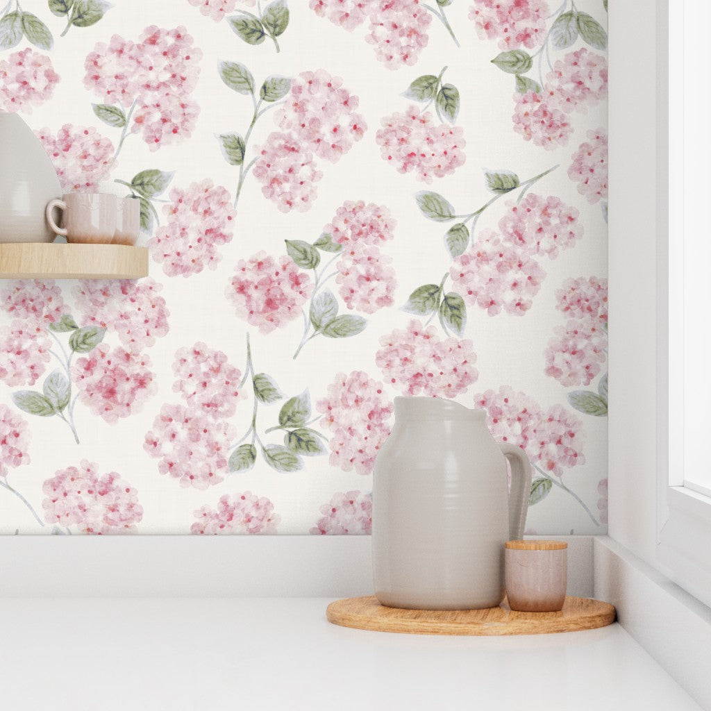 Blush Pink & Sage Watercolor Hydrangeas Wallpaper - English Cottage Style