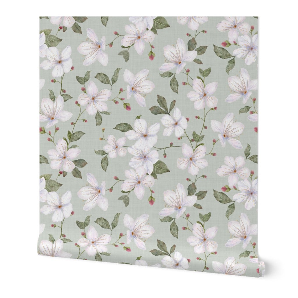 Sage Green Trailing Watercolour Floral Wallpaper
