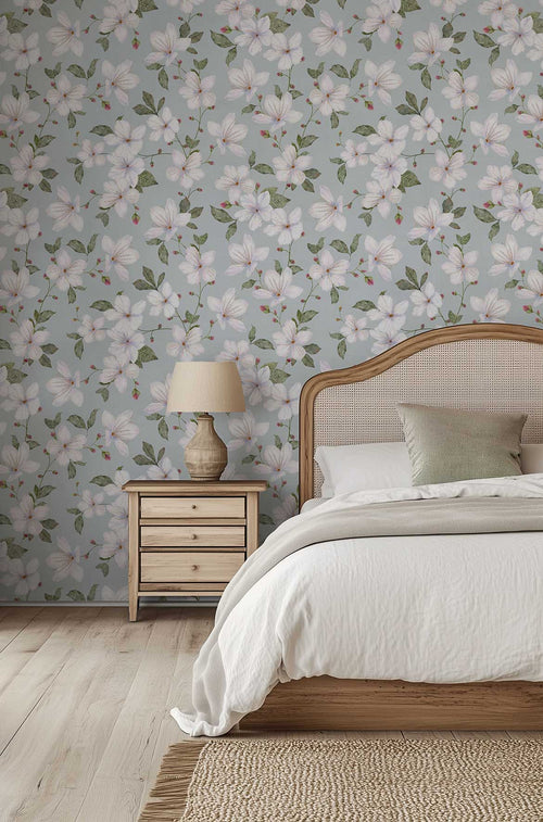 Blue Grey Trailing Watercolour Floral Wallpaper