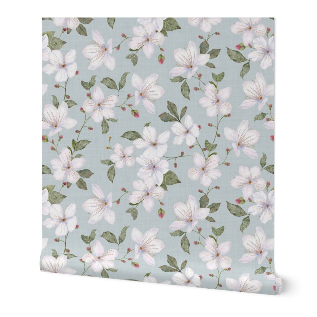 Blue Grey Trailing Watercolour Floral Wallpaper