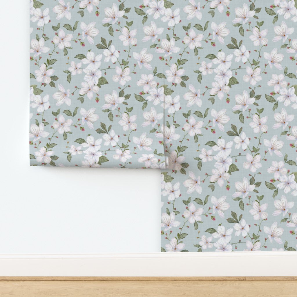 Blue Grey Trailing Watercolour Floral Wallpaper