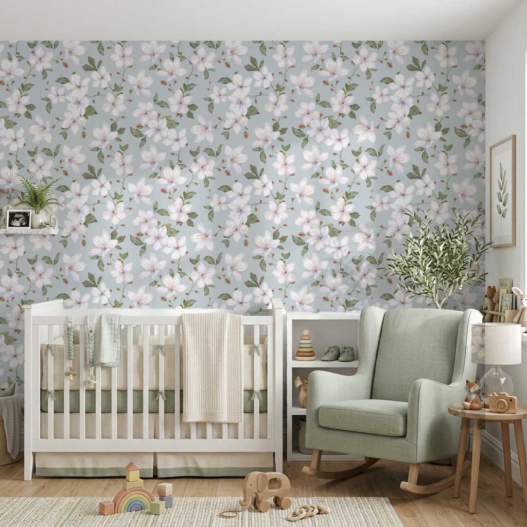 Blue Grey Trailing Watercolour Floral Wallpaper