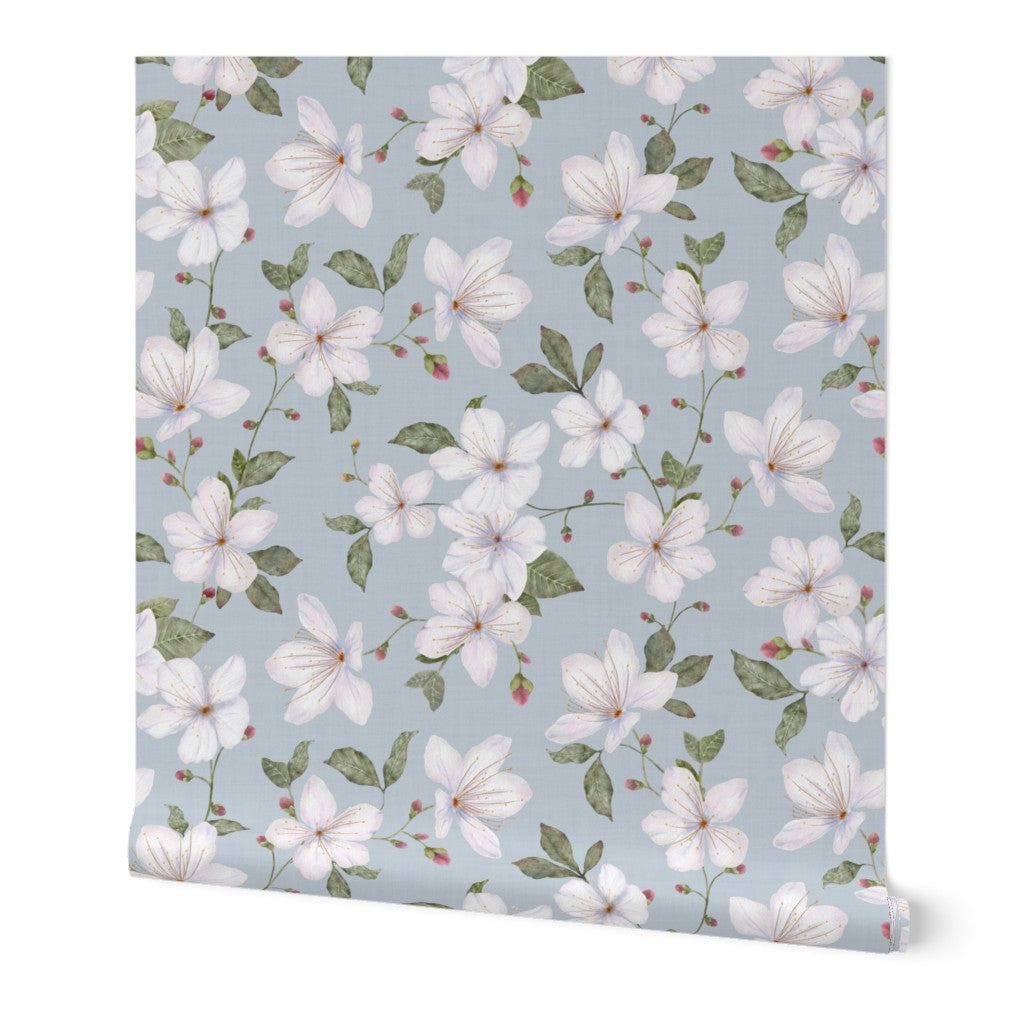 Light Blue Trailing Watercolour Floral Wallpaper