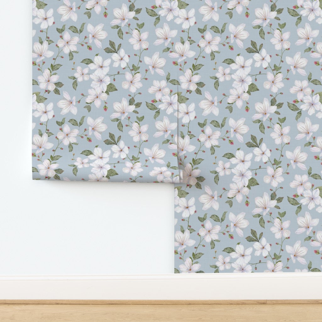 Light Blue Trailing Watercolour Floral Wallpaper