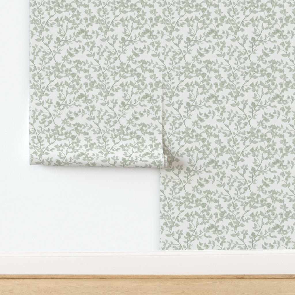 Sage Green Dappled Leaves Botanical Watercolour Wallpaper