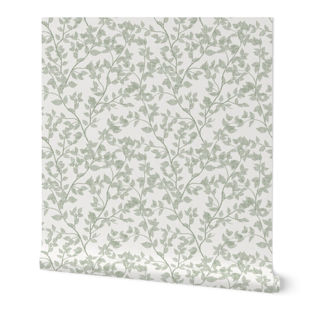 Sage Green Dappled Leaves Botanical Watercolour Wallpaper