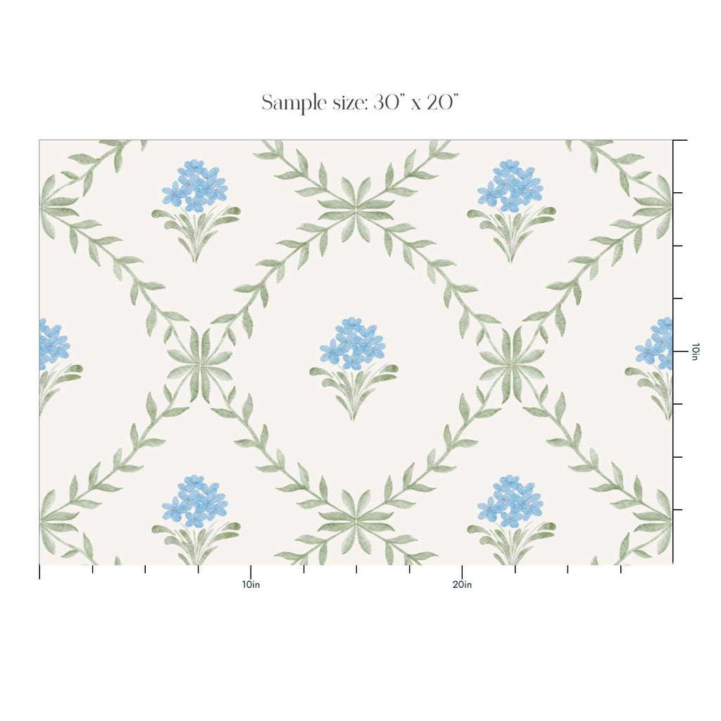 Botanical Trellis Wallpaper in Blue, Sage & Cream | Hand-Painted Floral
