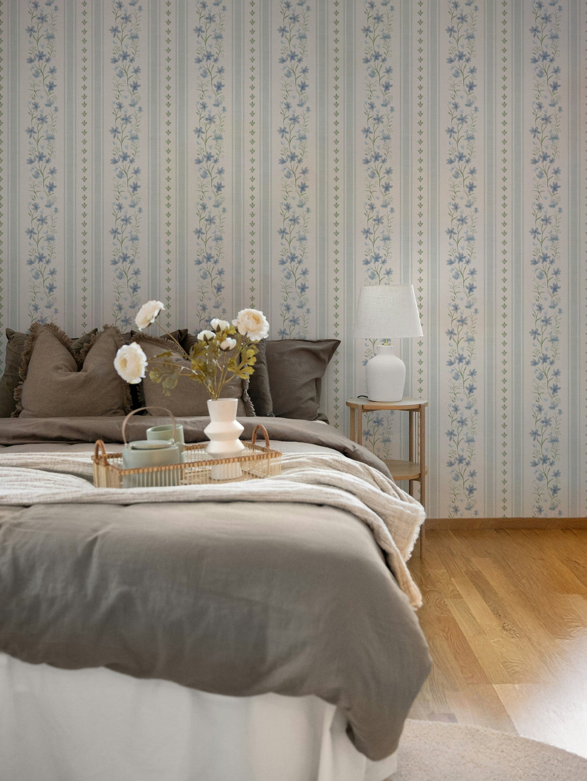 Blue-Gray & Sage Floral Stripe Wallpaper - English Cottage Style