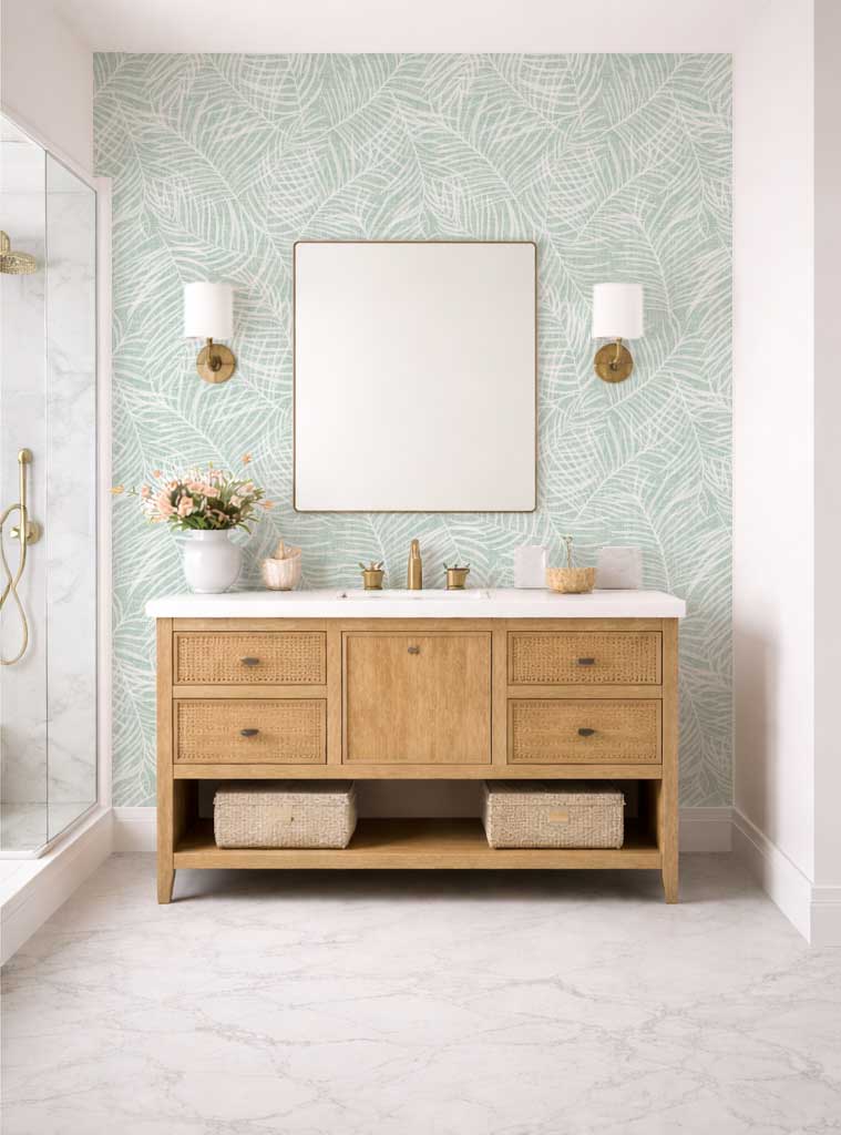 Mint Green Palm Leaf Wallpaper - Modern Coastal Style