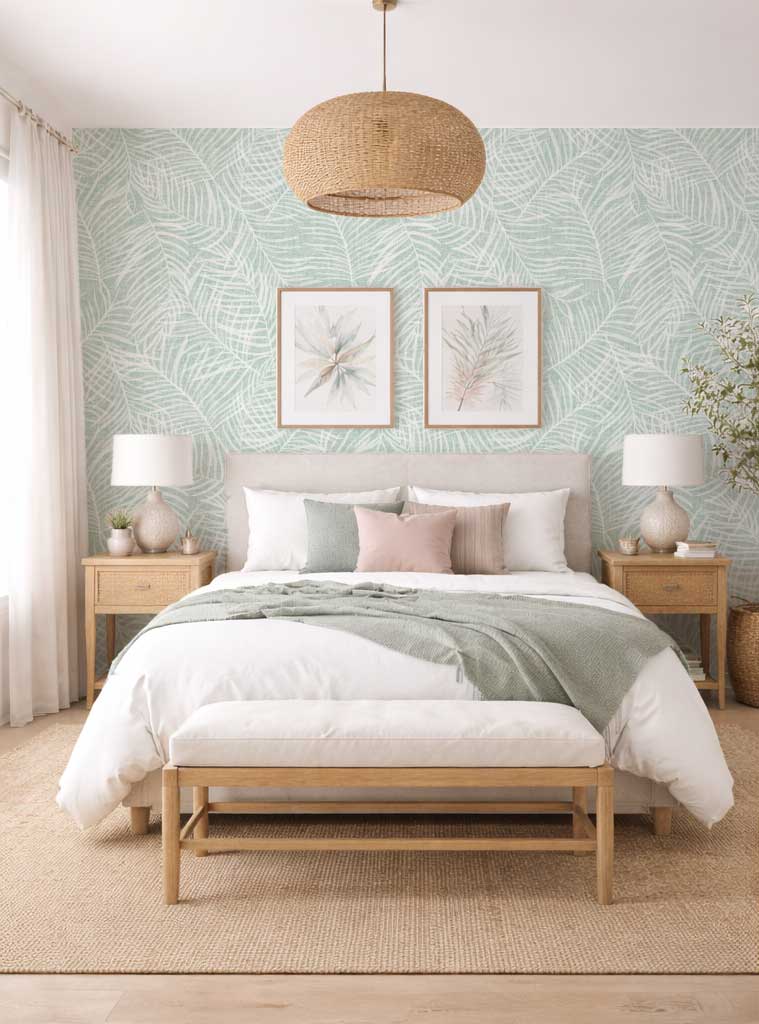 Mint Green Palm Leaf Wallpaper - Modern Coastal Style