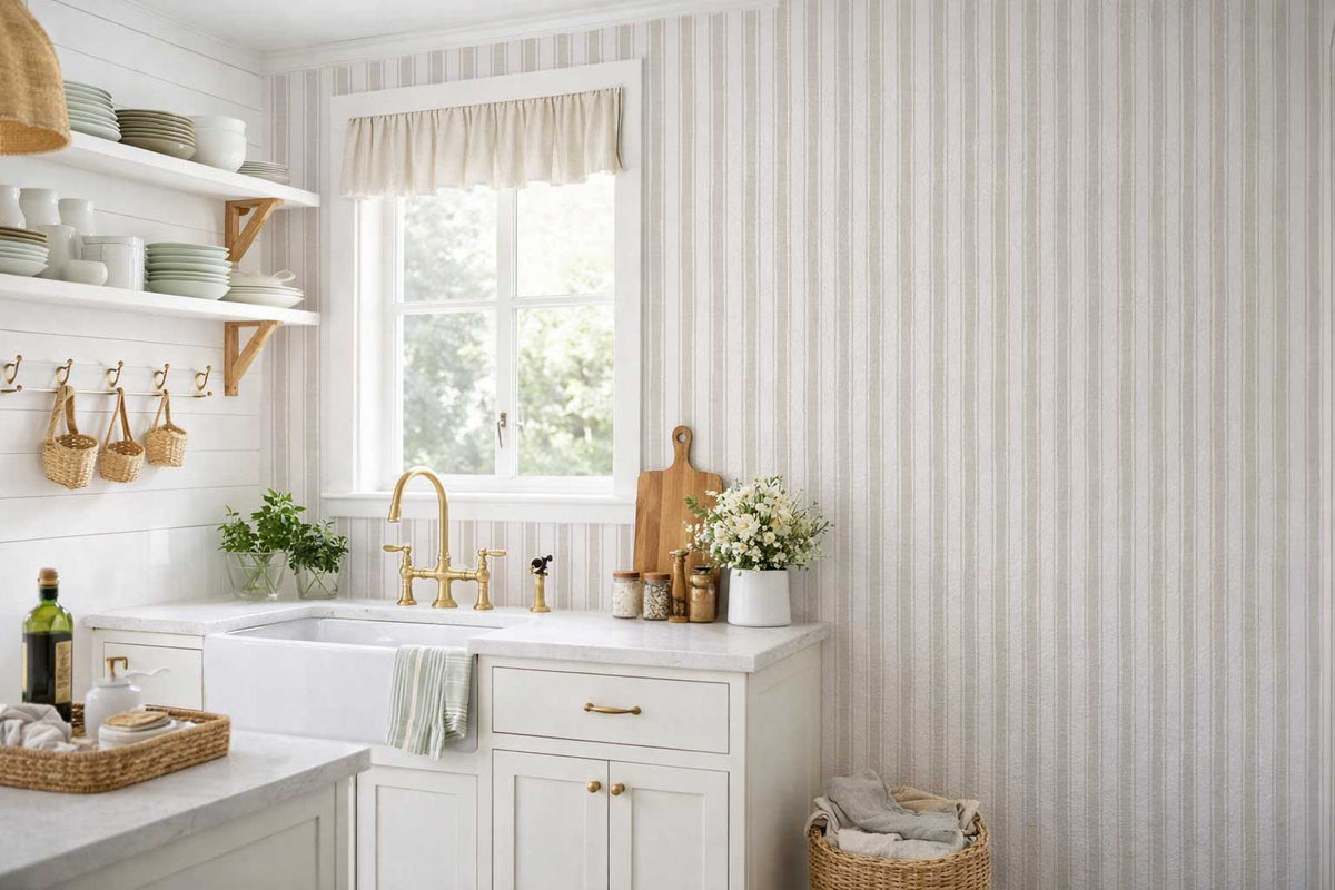 Oat Beige Ticking Stripe Wallpaper for Modern Interiors