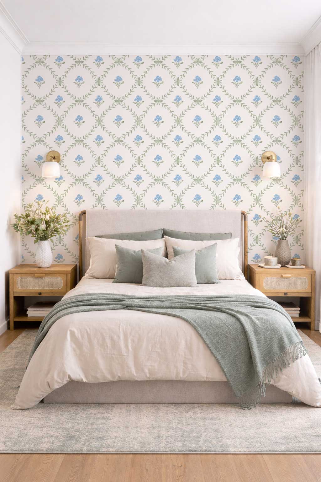 Botanical Trellis Wallpaper in Blue, Sage & Cream | Hand-Painted Floral