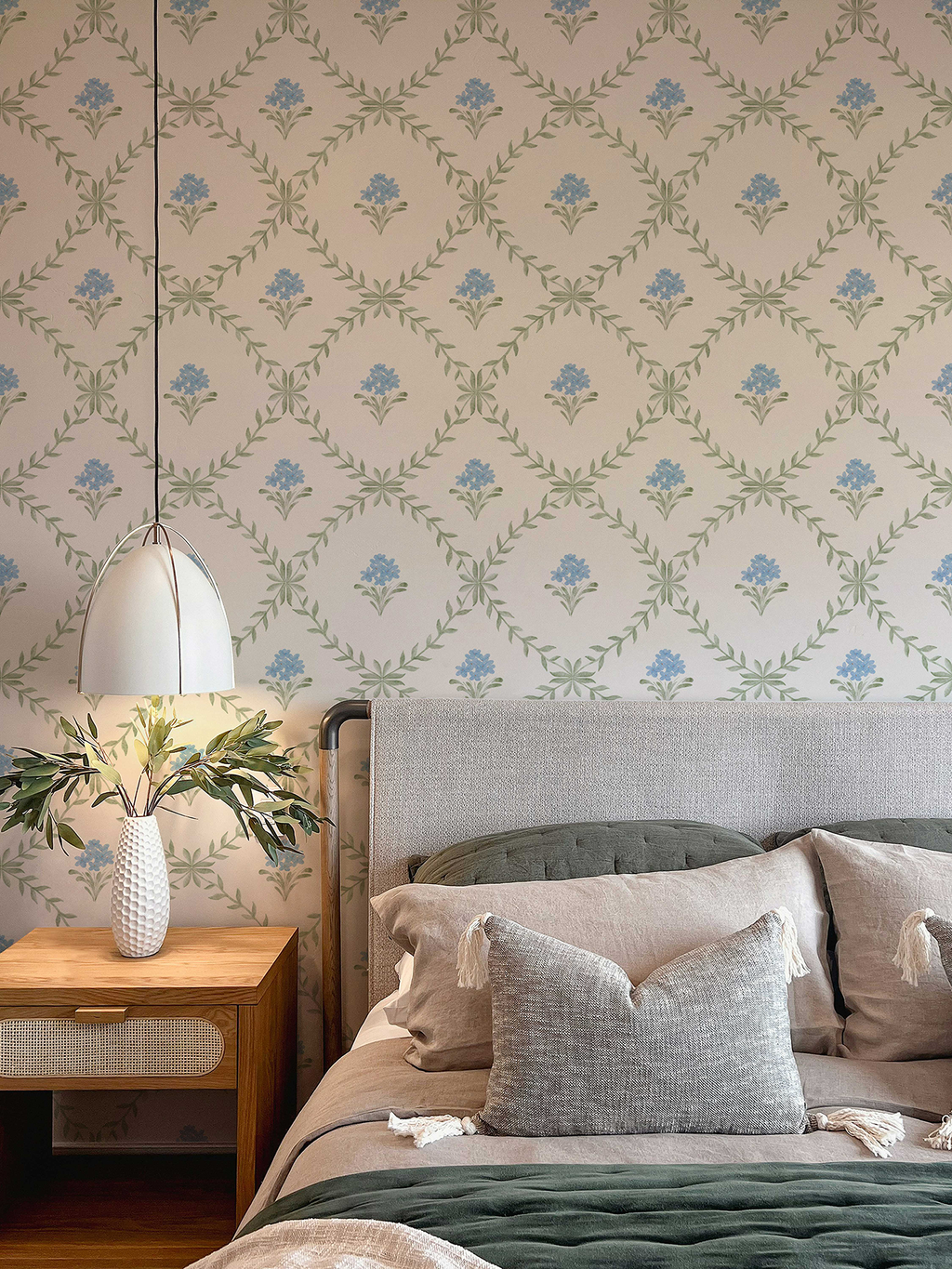 Botanical Trellis Wallpaper in Blue, Sage & Cream | Hand-Painted Floral