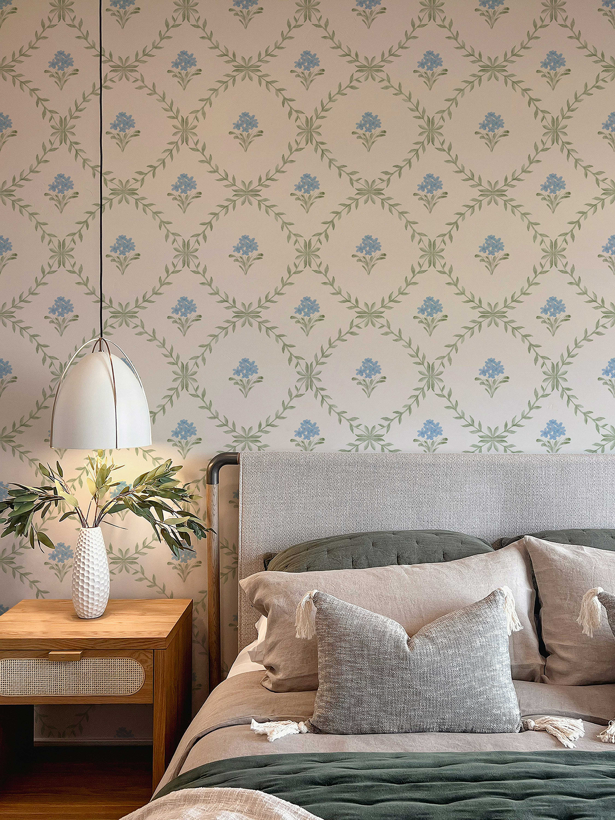 Botanical Trellis Wallpaper in Blue, Sage & Cream | Hand-Painted Floral