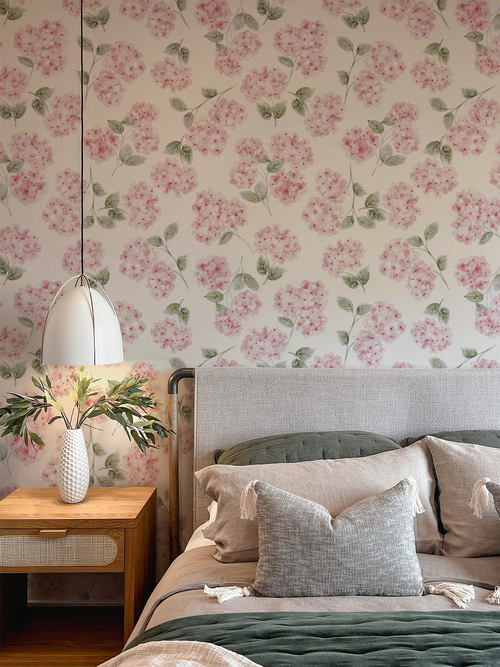 Blush Pink & Sage Watercolor Hydrangeas Wallpaper - English Cottage Style
