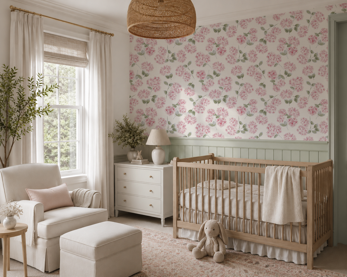 Blush Pink & Sage Watercolor Hydrangeas Wallpaper - English Cottage Style