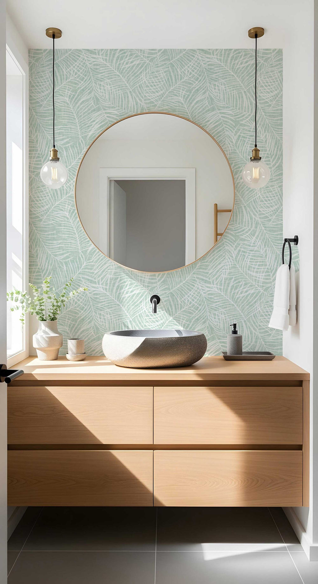 Mint Green Palm Leaf Wallpaper - Modern Coastal Style