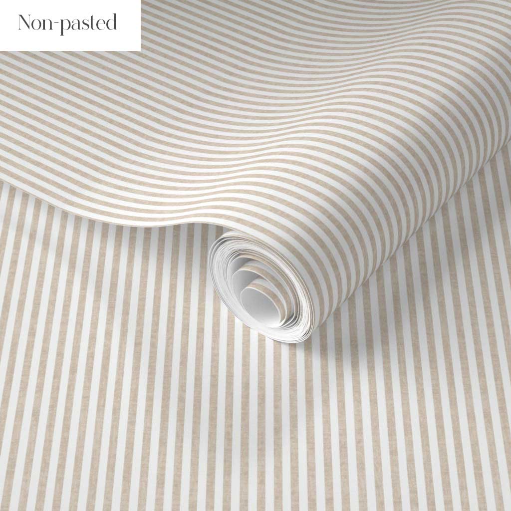 Oat Beige Narrow Stripe Wallpaper with Watercolour Texture