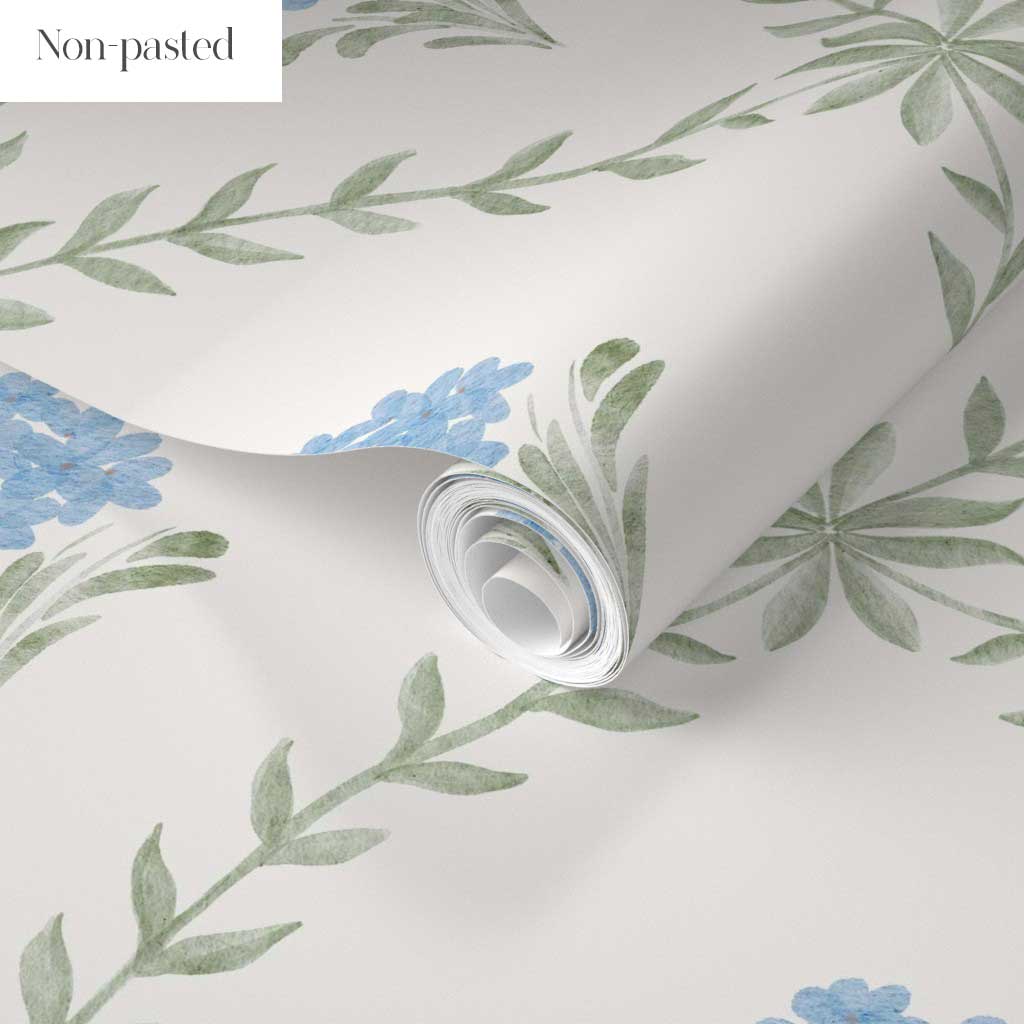 Botanical Trellis Wallpaper in Blue, Sage & Cream | Hand-Painted Floral