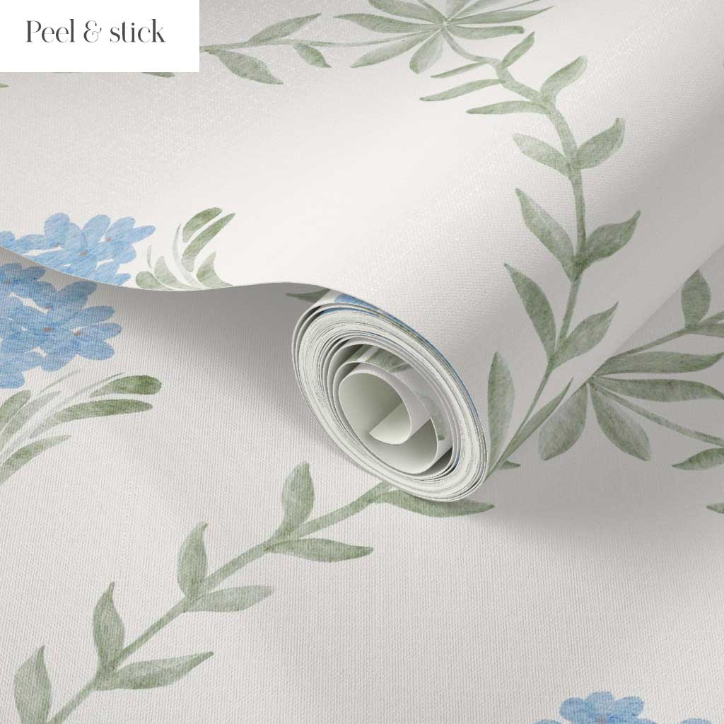 Botanical Trellis Wallpaper in Blue, Sage & Cream | Hand-Painted Floral