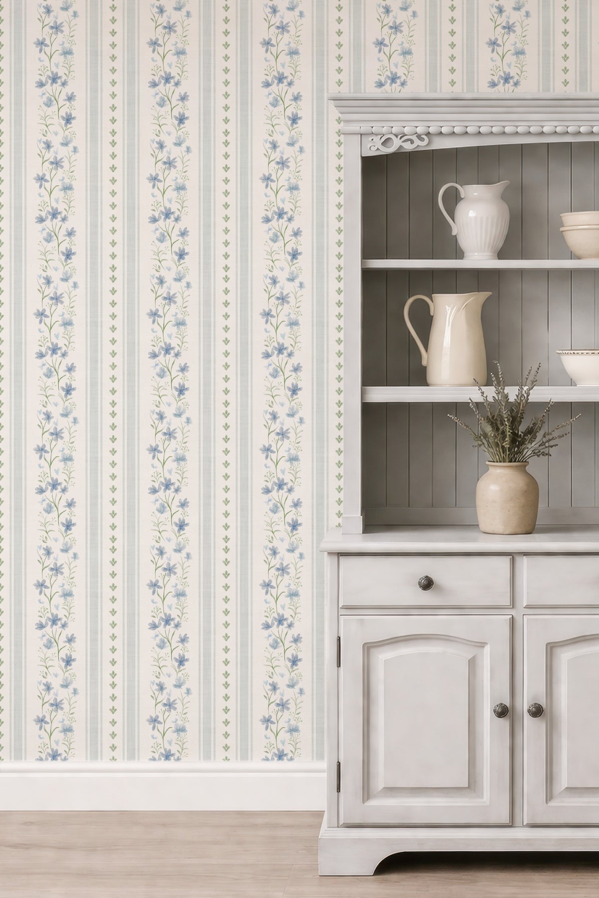 Blue-Gray & Sage Floral Stripe Wallpaper - English Cottage Style
