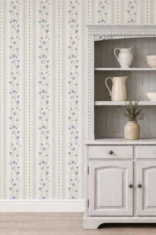 Blue-Gray & Sage Floral Stripe Wallpaper - English Cottage Style