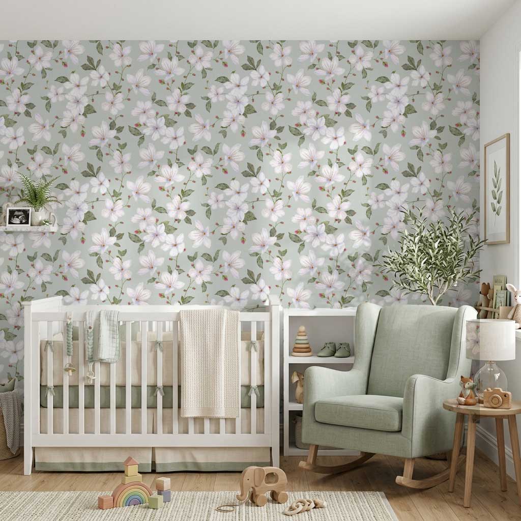 Sage Green Trailing Watercolour Floral Wallpaper